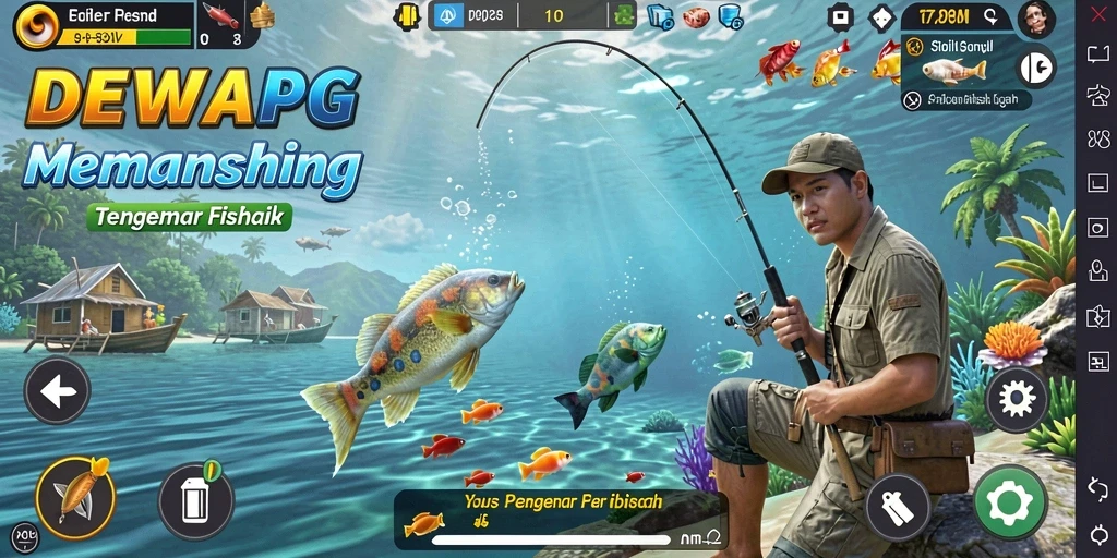 Tampilan gameplay DEWAPG yang realistis saat memancing ikan.