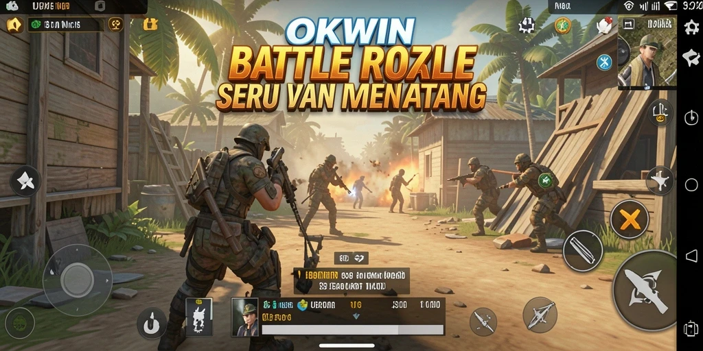 Screenshot gameplay OKWIN menampilkan aksi Battle Royale yang dramatis dan mendebarkan.