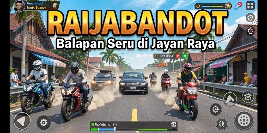 Tampilan gameplay seru RAJABANDOT dengan mobil balap di lintasan.