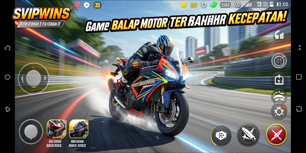 Screenshot gameplay SVIPWINS yang menampilkan balapan motor penuh adrenalin.