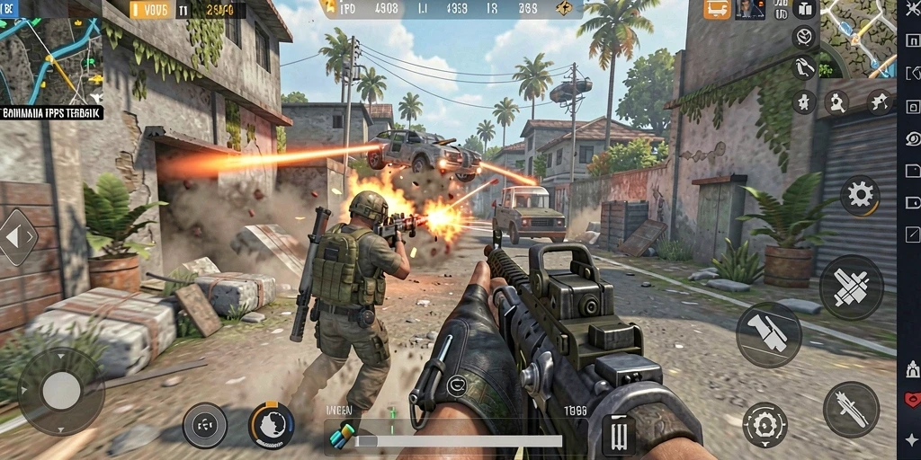 Screenshot gameplay V98 menunjukkan aksi mendebarkan dalam pertempuran TPS.